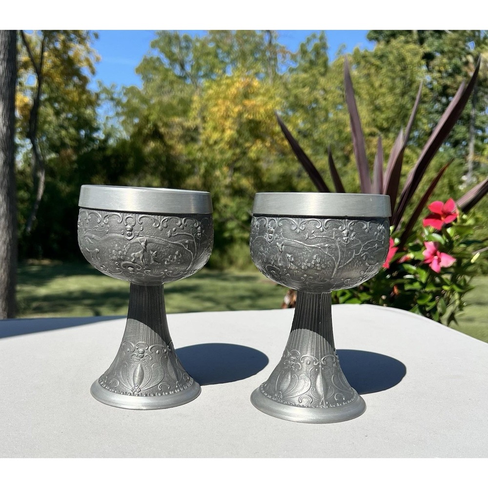 Vintage Pewter Rein Zinn Germany Drinking Goblets Chalice Cup Horse Deer Donkey